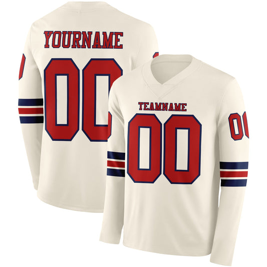 Custom Cream Red-Navy Long Sleeve Authentic Football Jersey