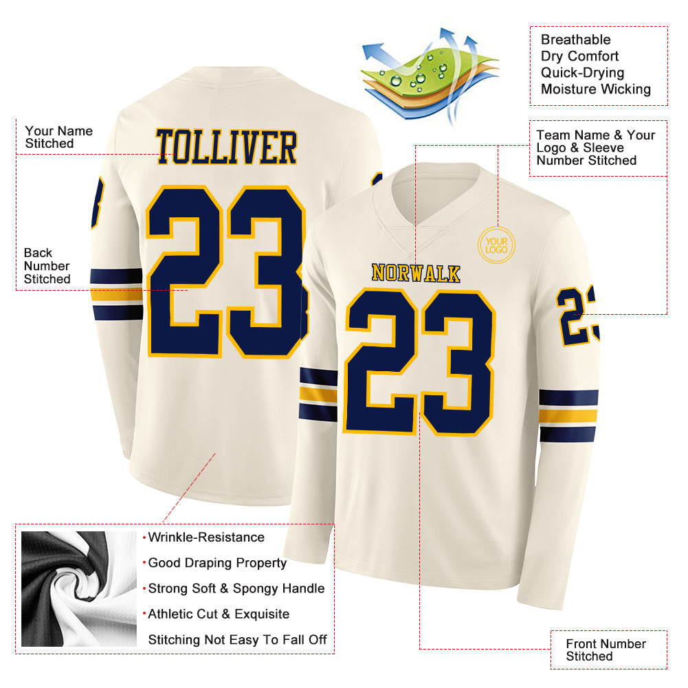Custom Cream Navy-Gold Long Sleeve Authentic Football Jersey