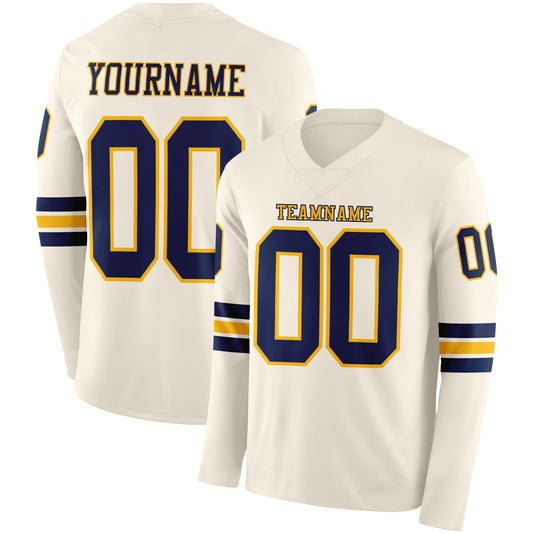 Custom Cream Navy-Gold Long Sleeve Authentic Football Jersey