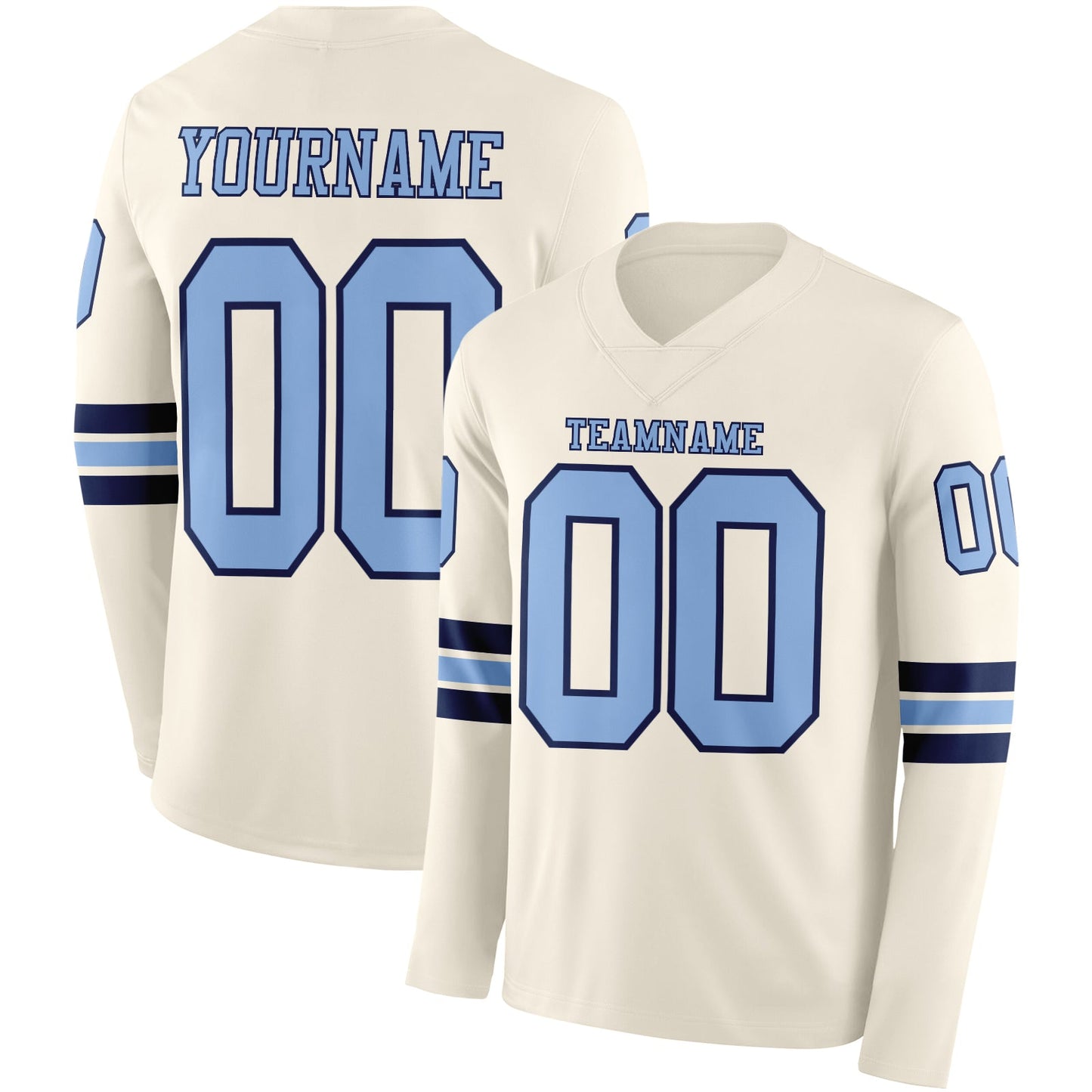 Custom Cream Light Blue-Navy Long Sleeve Authentic Football Jersey