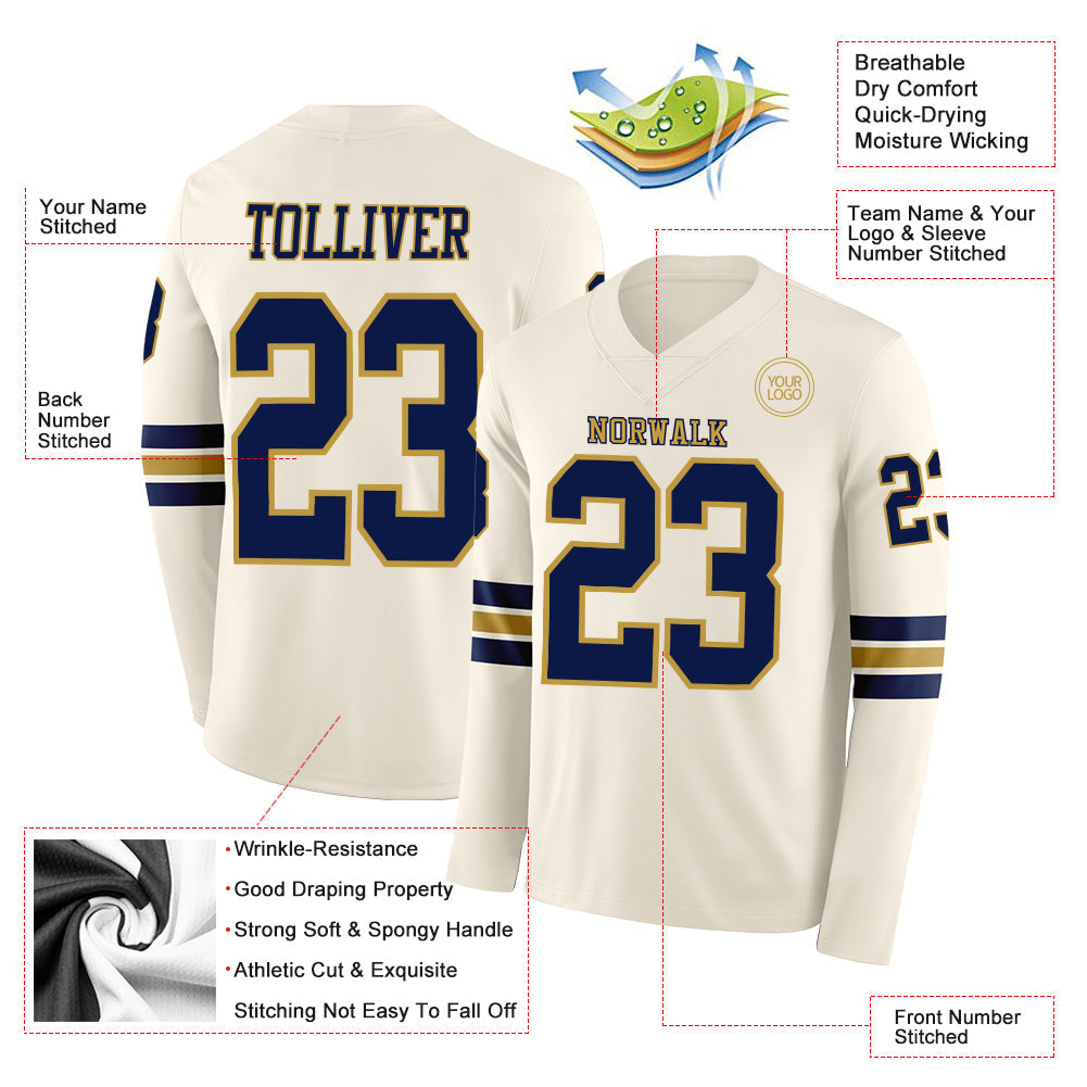 Custom Cream Navy-Old Gold Long Sleeve Authentic Football Jersey