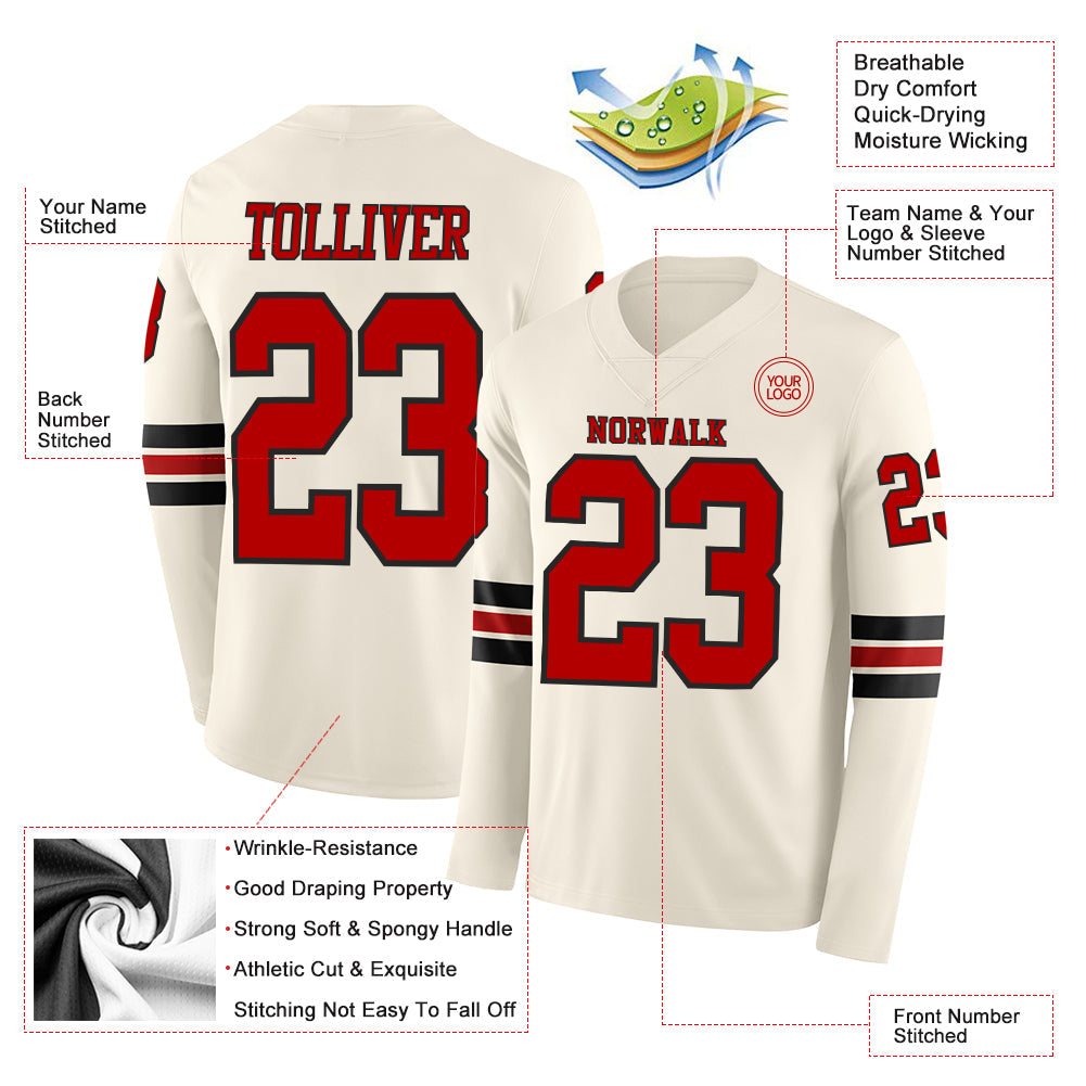 Custom Cream Red-Black Long Sleeve Authentic Football Jersey