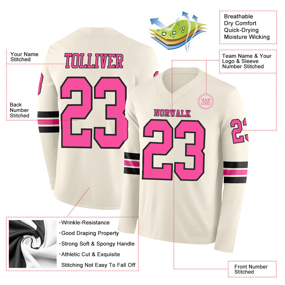 Custom Cream Pink-Black Long Sleeve Authentic Football Jersey