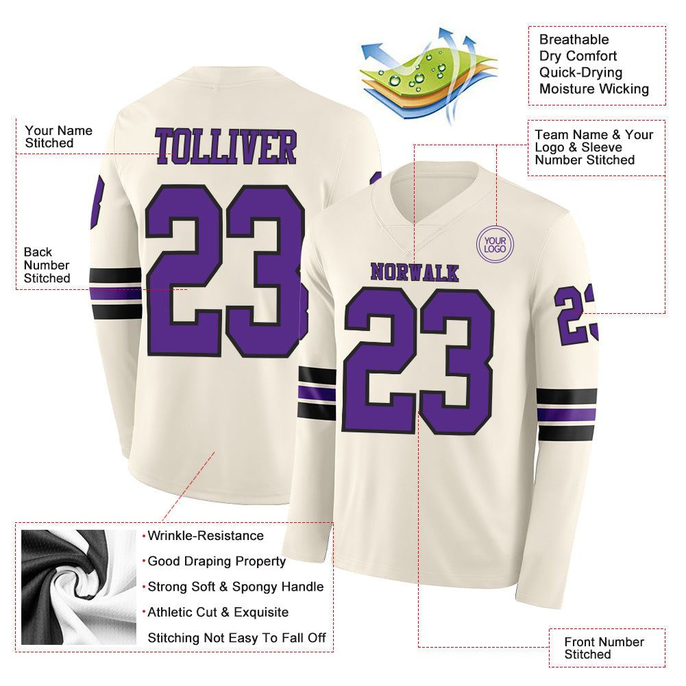 Custom Cream Purple-Black Long Sleeve Authentic Football Jersey