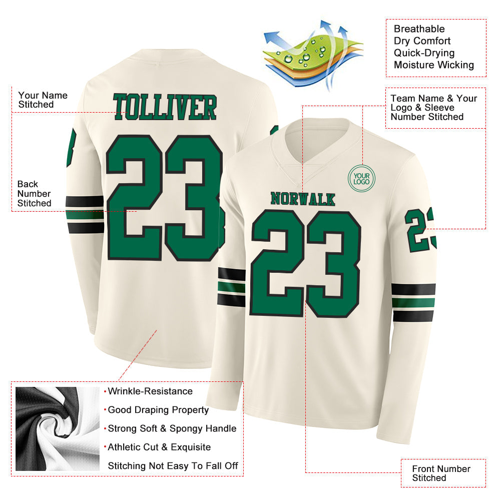 Custom Cream Kelly Green-Black Long Sleeve Authentic Football Jersey