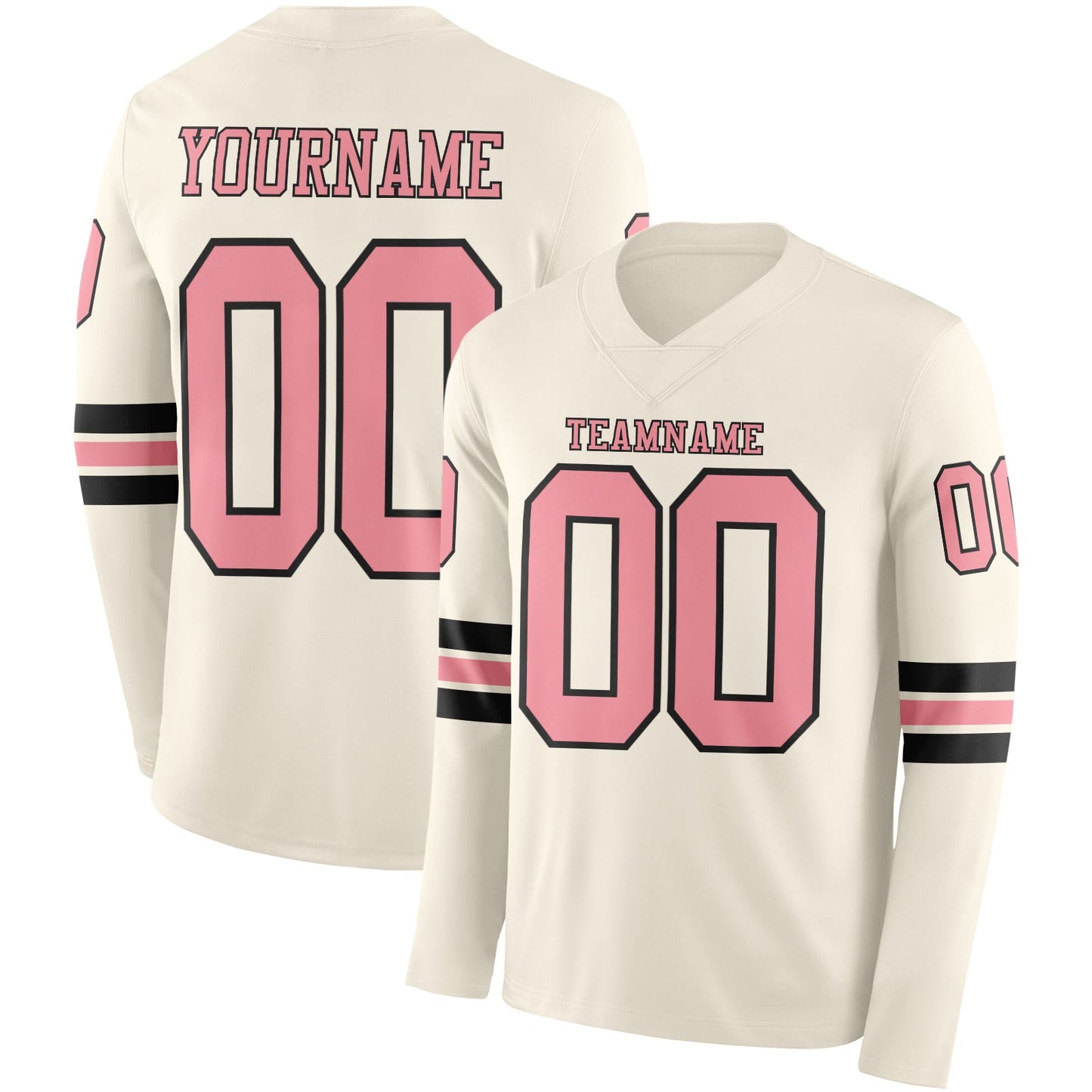 Custom Cream Medium Pink-Black Long Sleeve Authentic Football Jersey