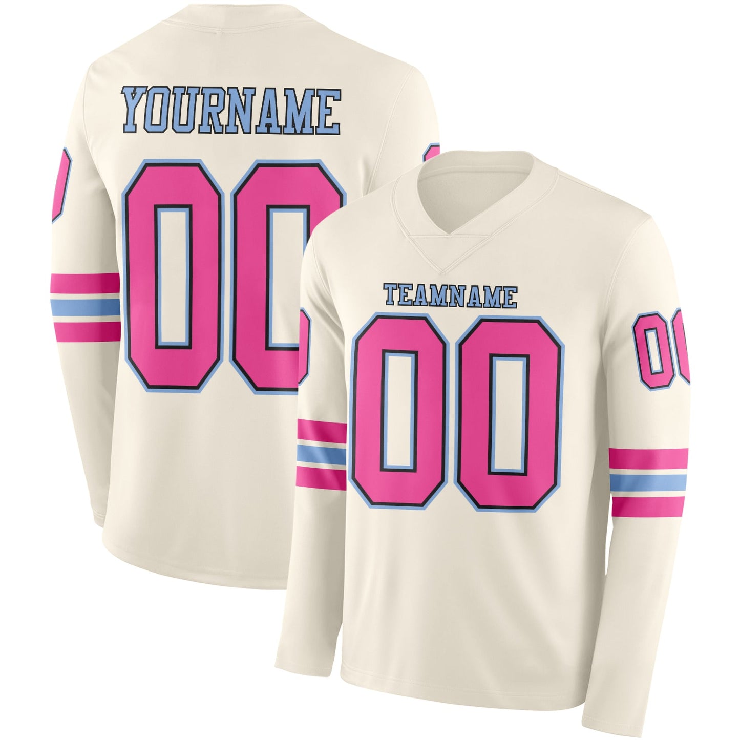 Custom Cream Pink Black-Light Blue Long Sleeve Authentic Football Jersey