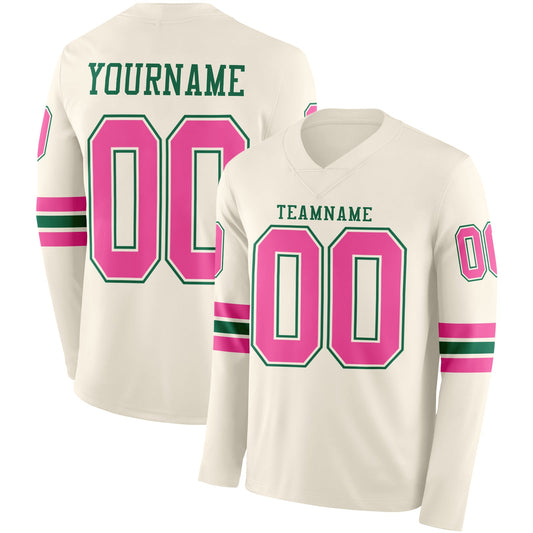 Custom Cream Pink-Kelly Green Long Sleeve Authentic Football Jersey