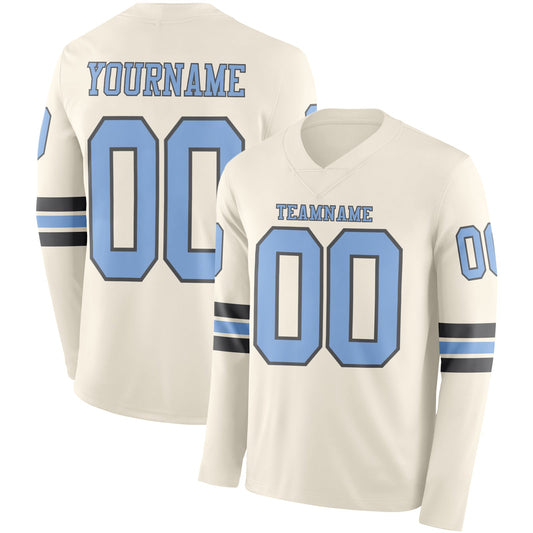 Custom Cream Light Blue-Steel Gray Long Sleeve Authentic Football Jersey