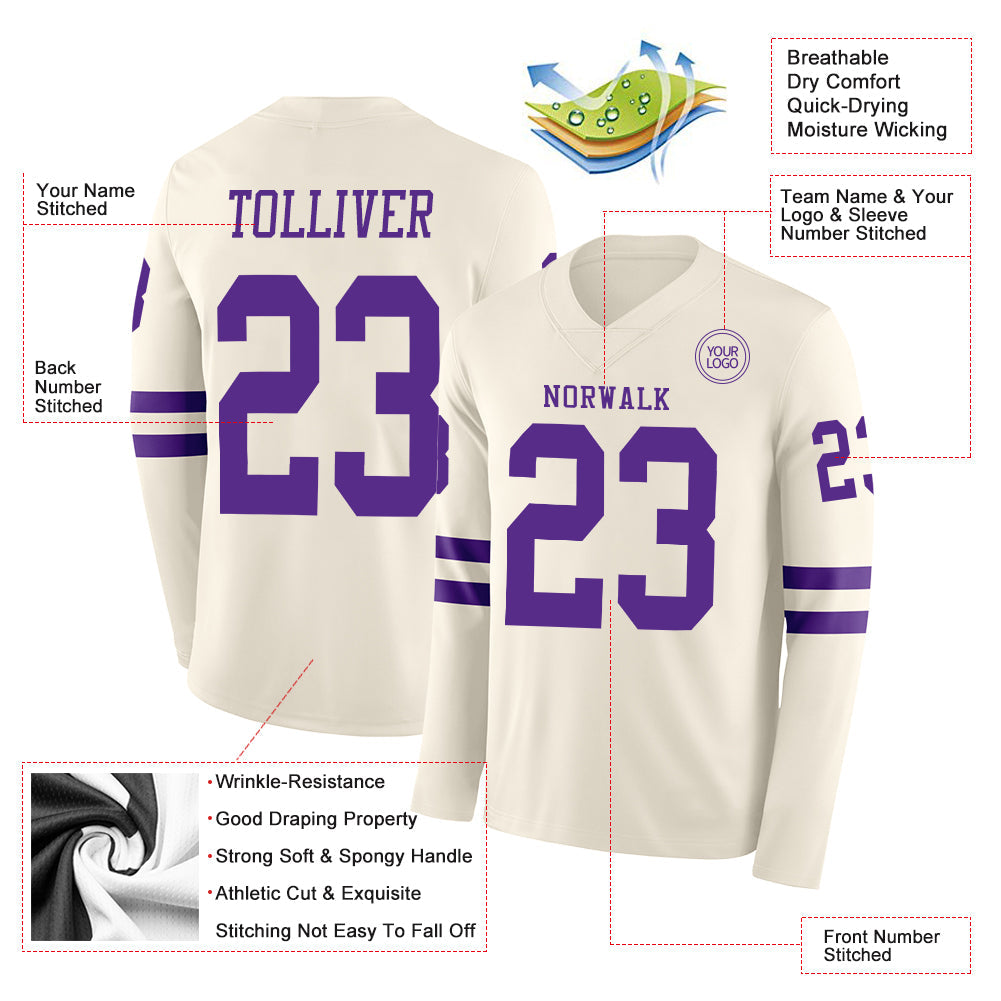Custom Cream Purple Long Sleeve Authentic Football Jersey