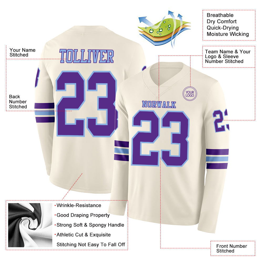 Custom Cream Purple-Light Blue Long Sleeve Authentic Football Jersey
