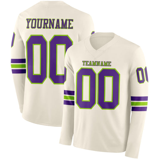 Custom Cream Purple-Neon Green Long Sleeve Authentic Football Jersey