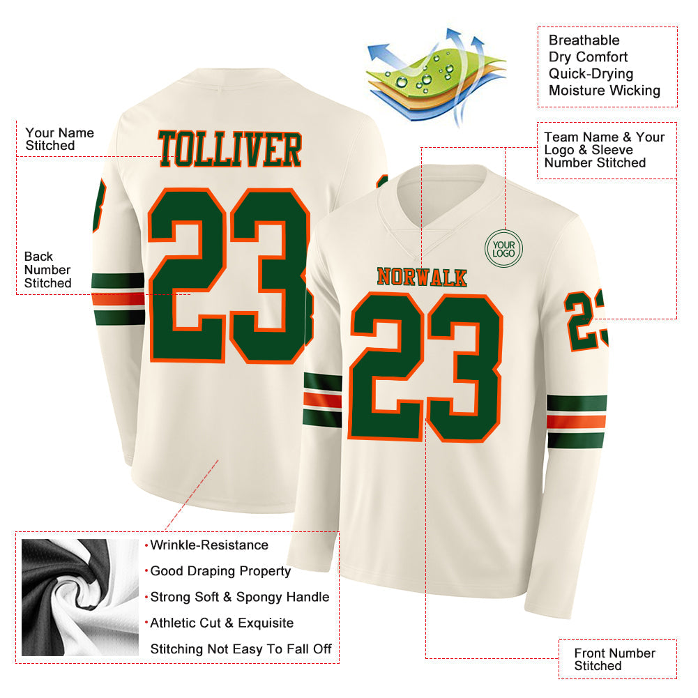 Custom Cream Green-Orange Long Sleeve Authentic Football Jersey
