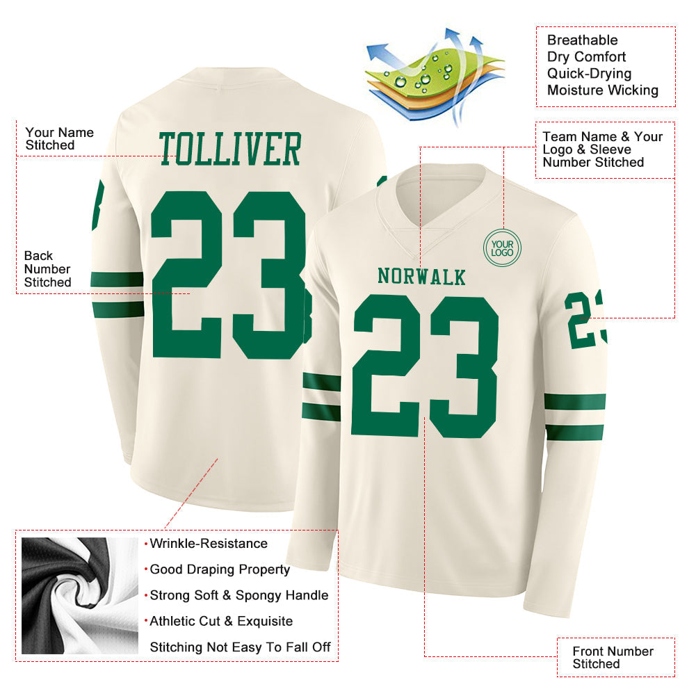 Custom Cream Kelly Green Long Sleeve Authentic Football Jersey