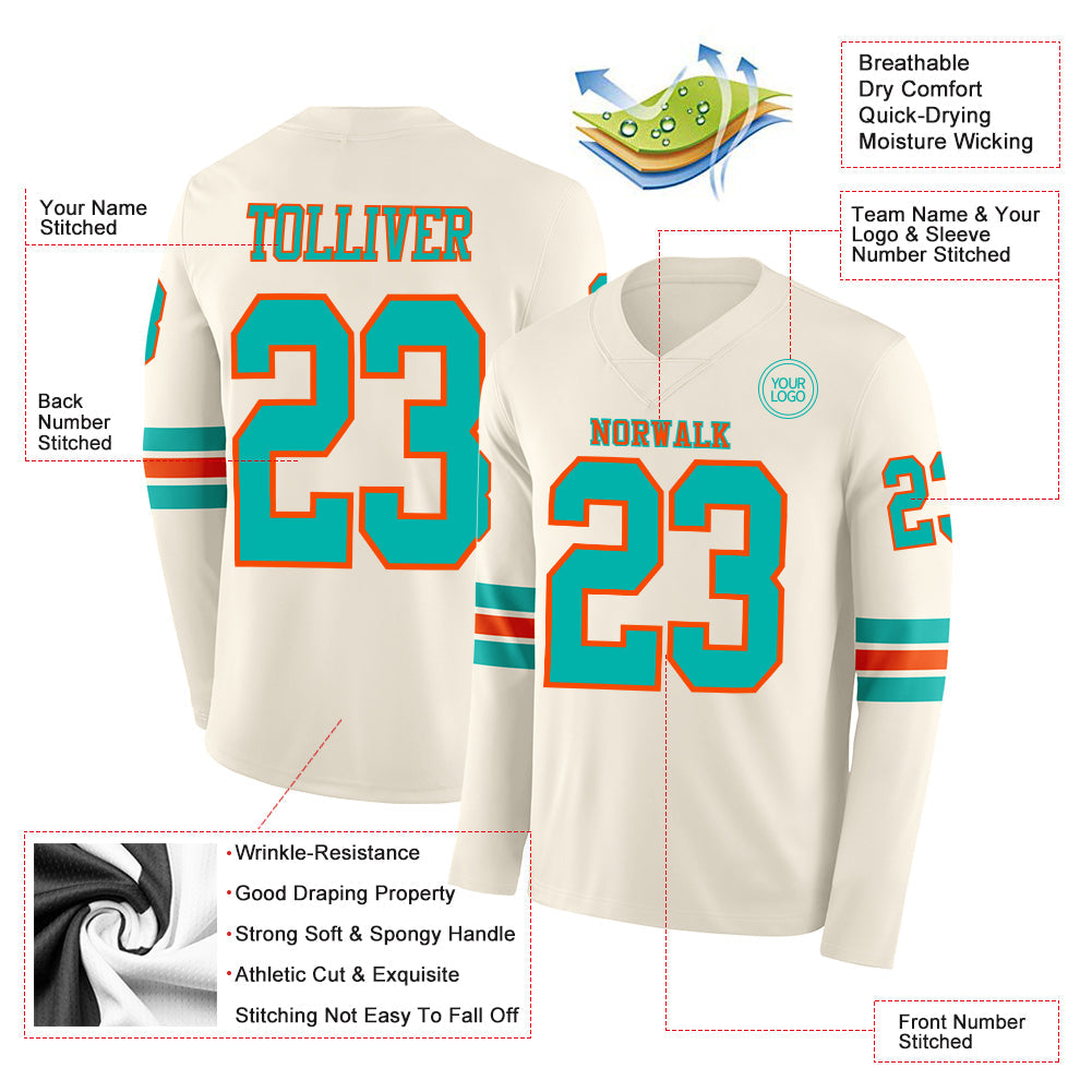 Custom Cream Aqua-Orange Long Sleeve Authentic Football Jersey