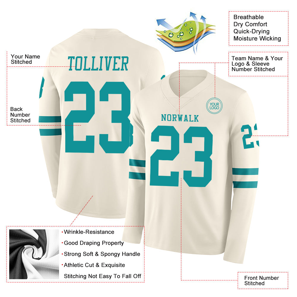 Custom Cream Teal Long Sleeve Authentic Football Jersey