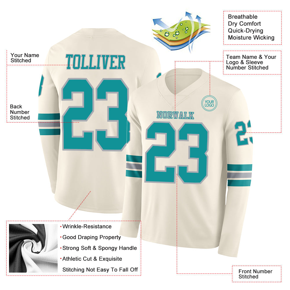 Custom Cream Teal-Gray Long Sleeve Authentic Football Jersey