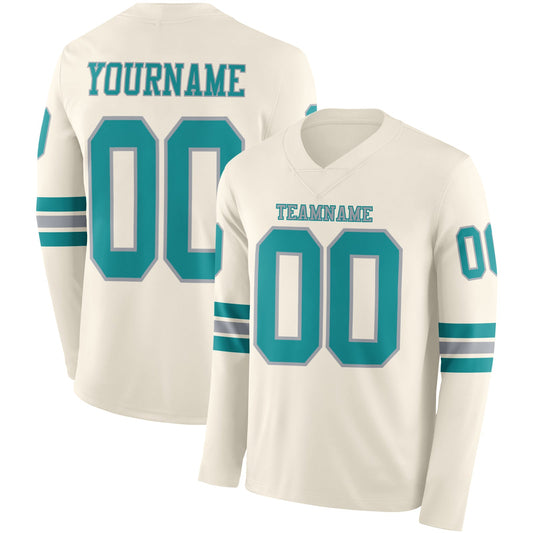 Custom Cream Teal-Gray Long Sleeve Authentic Football Jersey