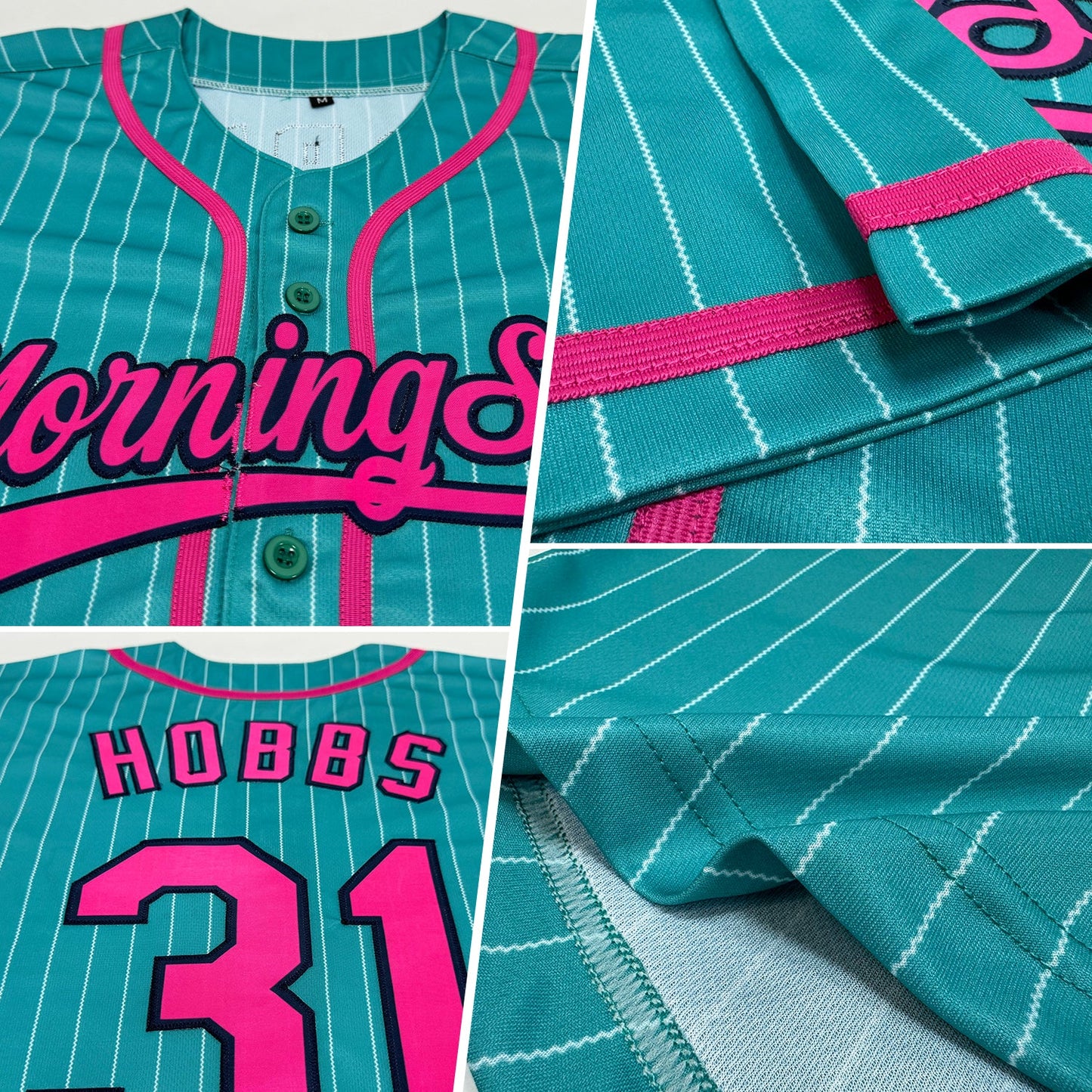 Custom Aqua White Pinstripe Pink-Navy Authentic Baseball Jersey