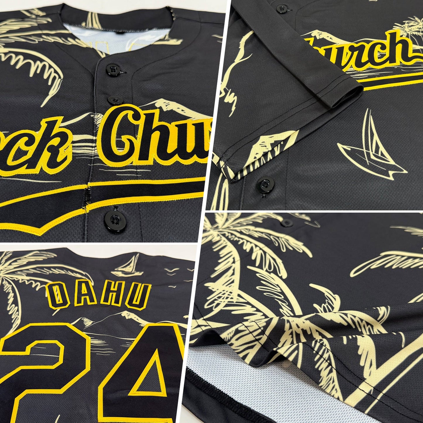 Custom Black Gold 3D Pattern Design Hawaii Palm Trees Island And Sailboat Authentic Baseball Jersey