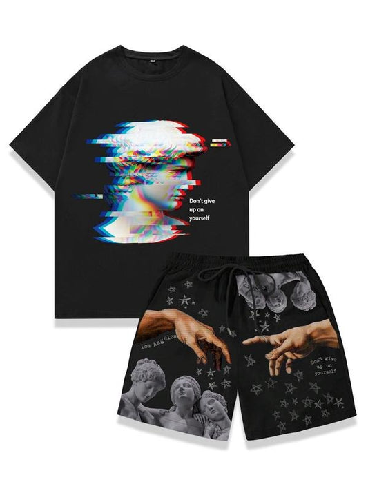 Men's Graphic Short Sleeve Tee & Shorts Two-Piece Set, Regular Fit Round Neck T-shirt & Track Shorts, Casual Summer Clothes Set for Outdoor