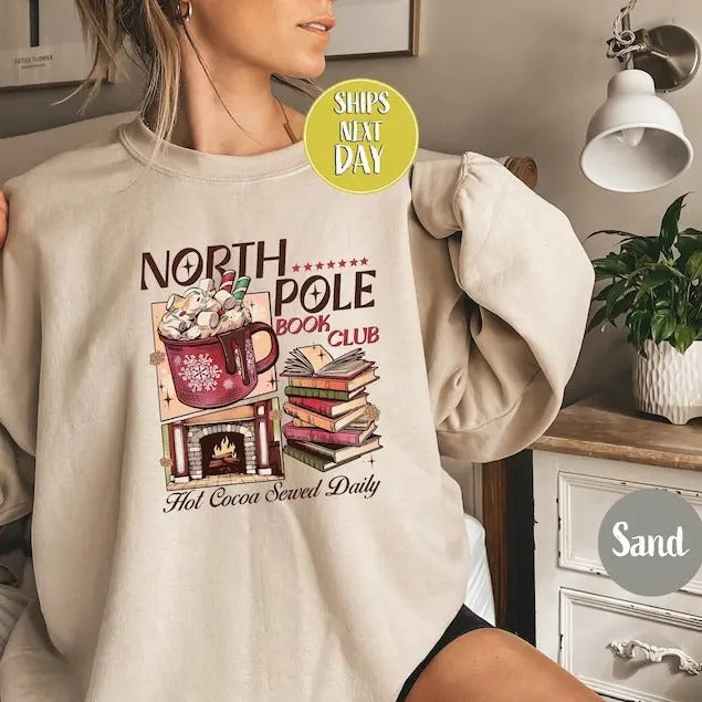 Retro Christmas North Pole Book Club Hot Cocoa Served Daily Sweatshirt, Christmas Book Club, North Pole Readers Shirt, All Booked -CC126