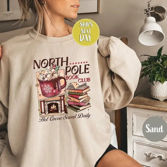 Retro Christmas North Pole Book Club Hot Cocoa Served Daily Sweatshirt, Christmas Book Club, North Pole Readers Shirt, All Booked -CC126