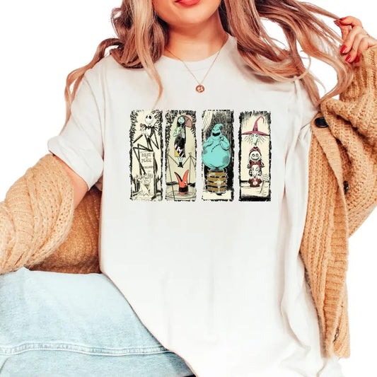 Retro Haunted Mansion The Nightmare Before Christmas Shirt - Graphic Crew Neck Fitted Short Sleeve Tee for Halloween Top Womenswear