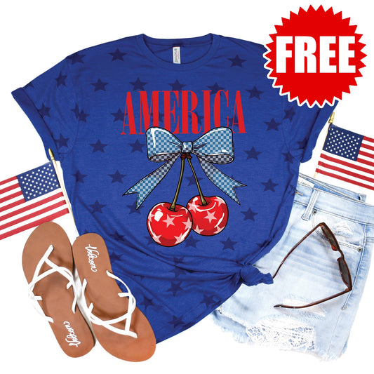 American Cherries Tee - Blue Star Print - FREE