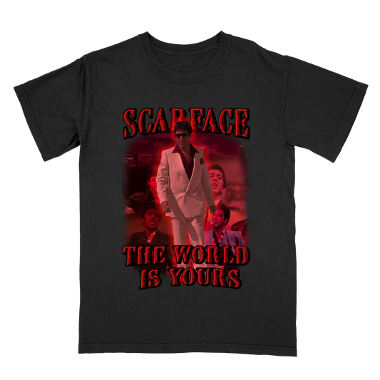 Scarface The World Is Yours Graphic Tee – Vintage Gangster Movie T-Shirt, Retro Streetwear for Film Fans