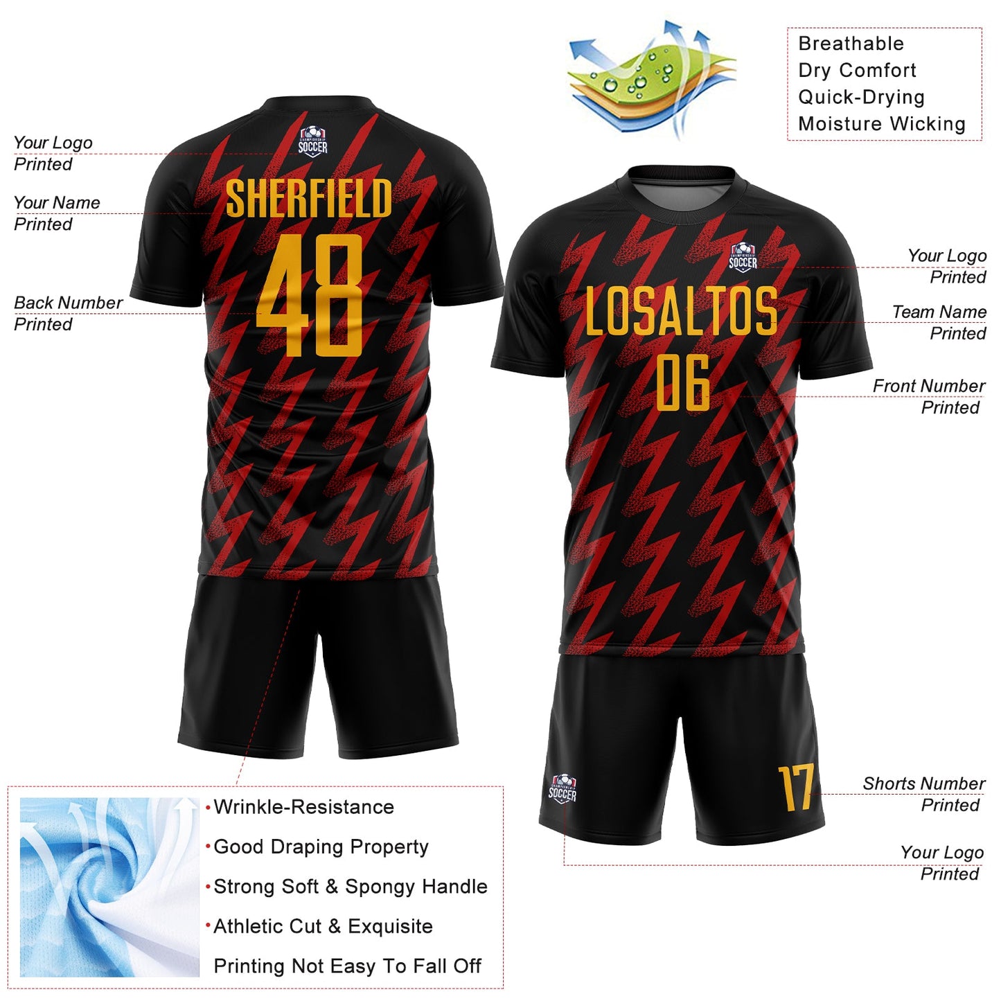 Custom Black Gold-Red Zigzag Shape Sublimation Soccer Uniform Jersey