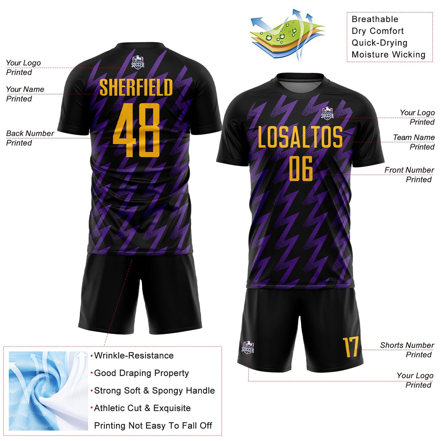 Custom Black Gold-Purple Zigzag Shape Sublimation Soccer Uniform Jersey