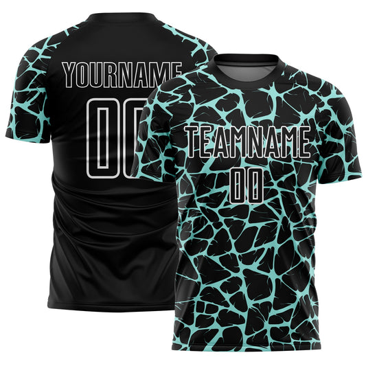 Custom Black Ice Blue-White Abstract Network Splash Sublimation Soccer Uniform Jersey