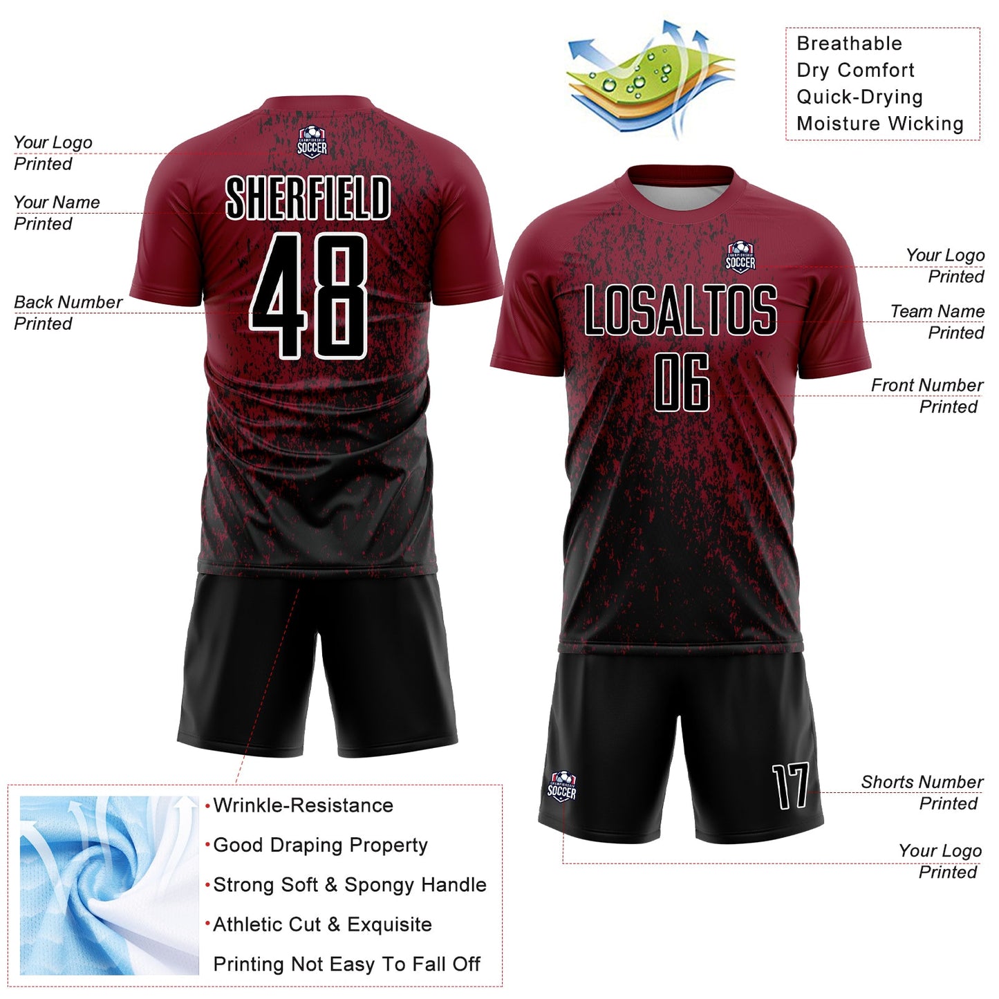 Custom Crimson Black-White Abstract Fragment Art Sublimation Soccer Uniform Jersey