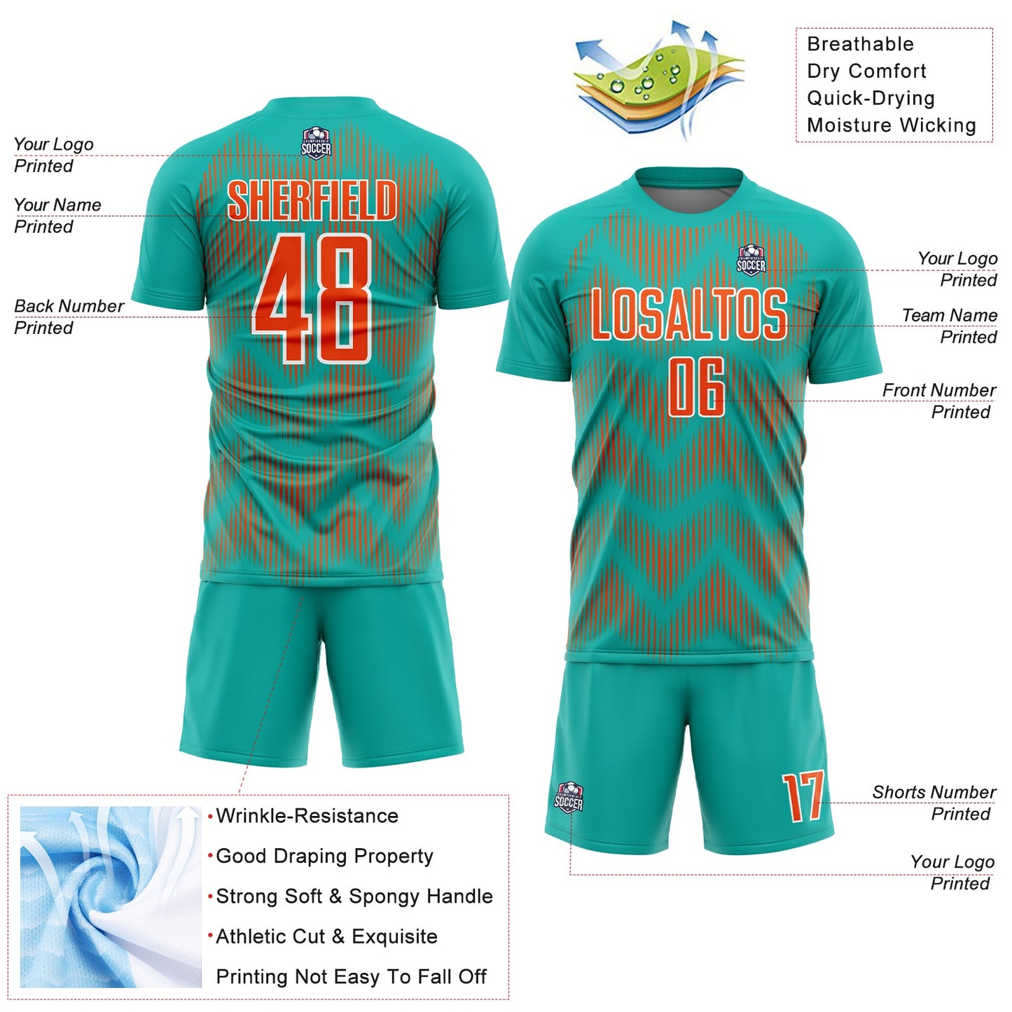 Custom Aqua Orange-White Line Sublimation Soccer Uniform Jersey