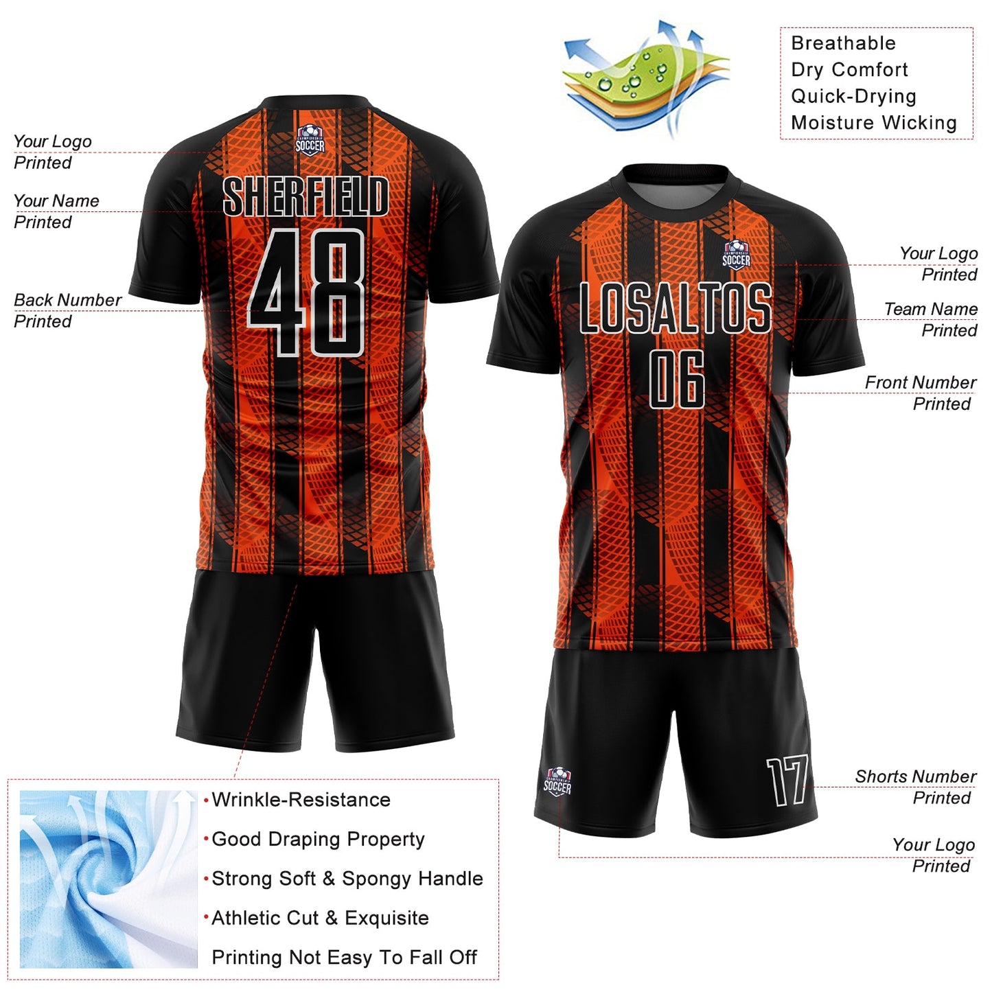 Custom Black Orange-White Abstract Network Sublimation Soccer Uniform Jersey