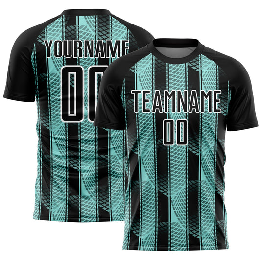 Custom Black Ice Blue-White Abstract Network Sublimation Soccer Uniform Jersey