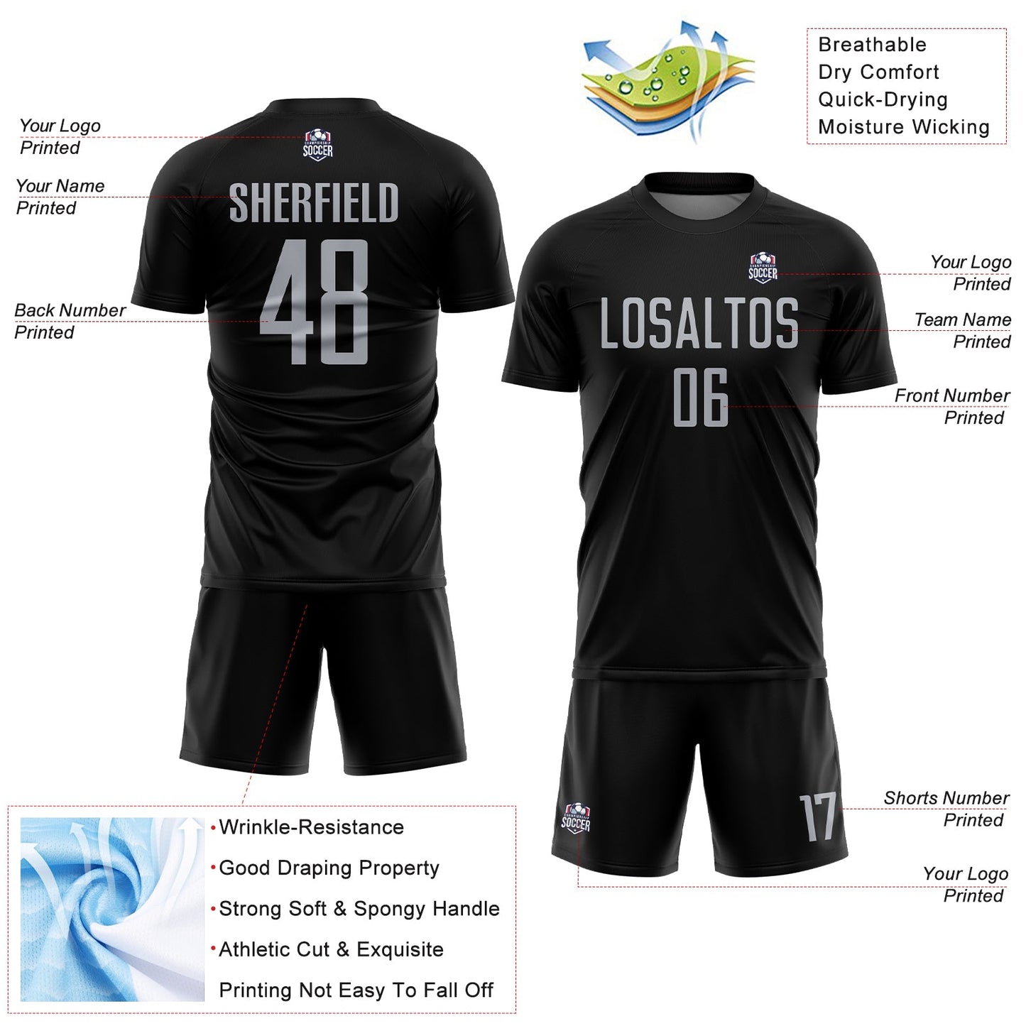 Custom Black Gray Sublimation Soccer Uniform Jersey