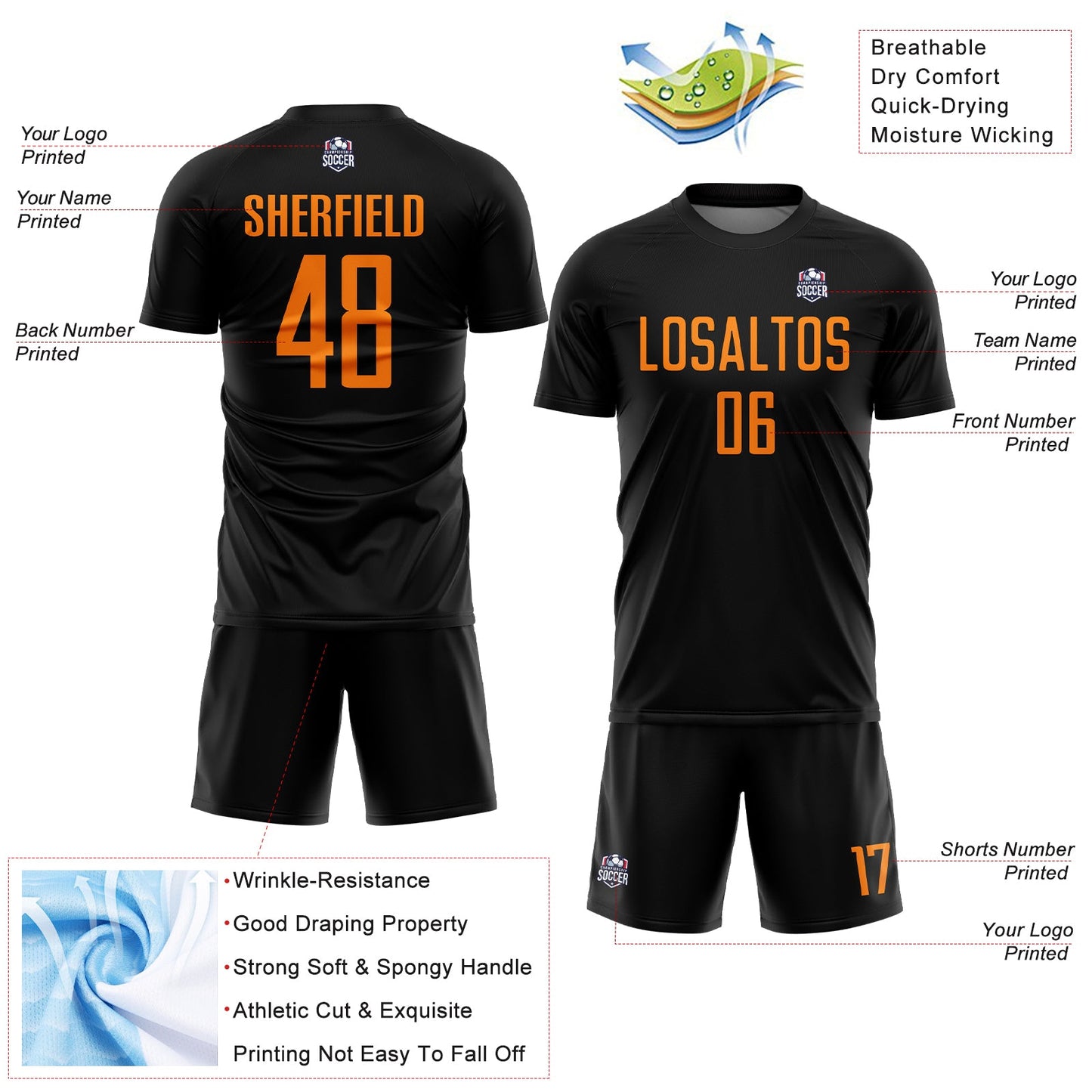 Custom Black Bay Orange Sublimation Soccer Uniform Jersey