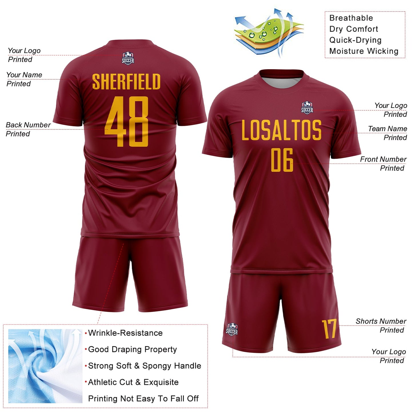 Custom Crimson Gold Sublimation Soccer Uniform Jersey