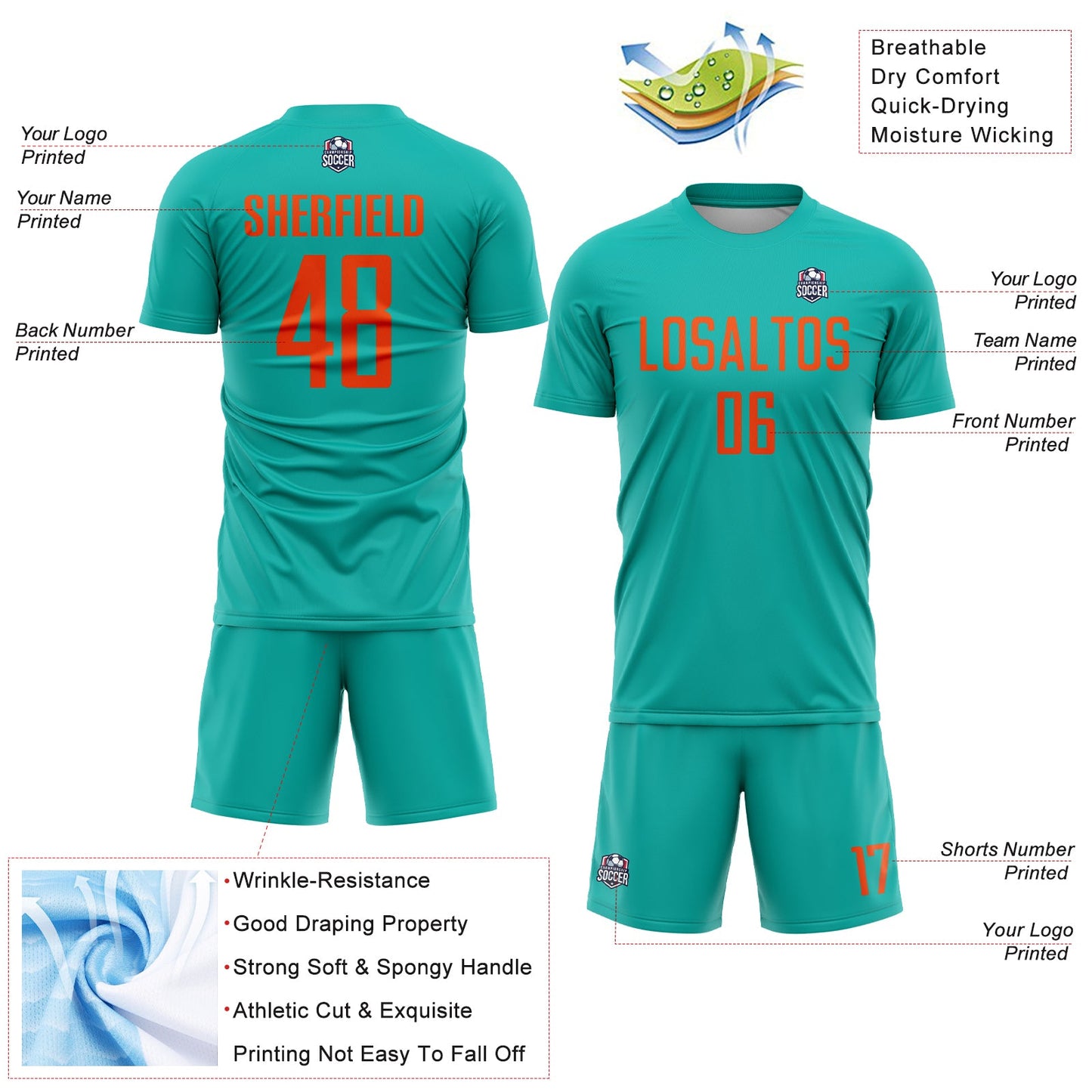 Custom Aqua Orange Sublimation Soccer Uniform Jersey