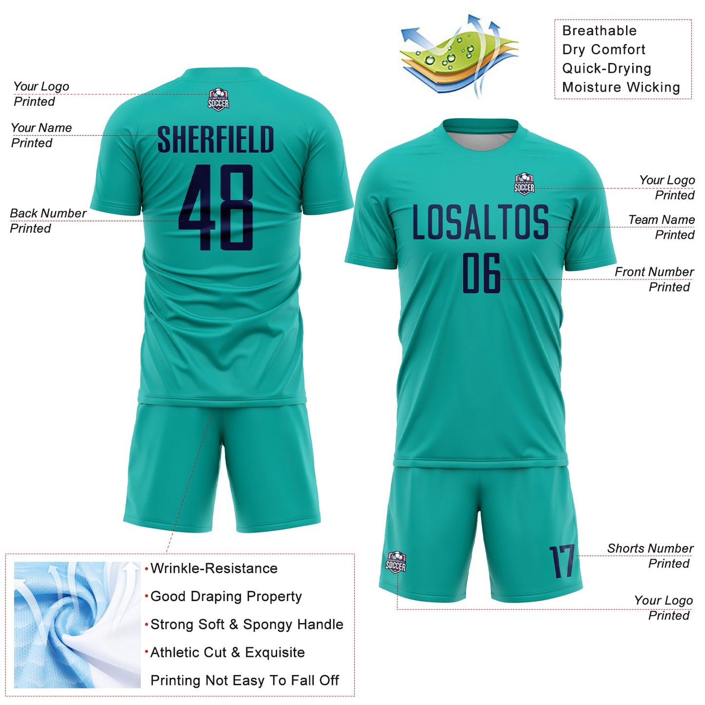 Custom Aqua Navy Sublimation Soccer Uniform Jersey