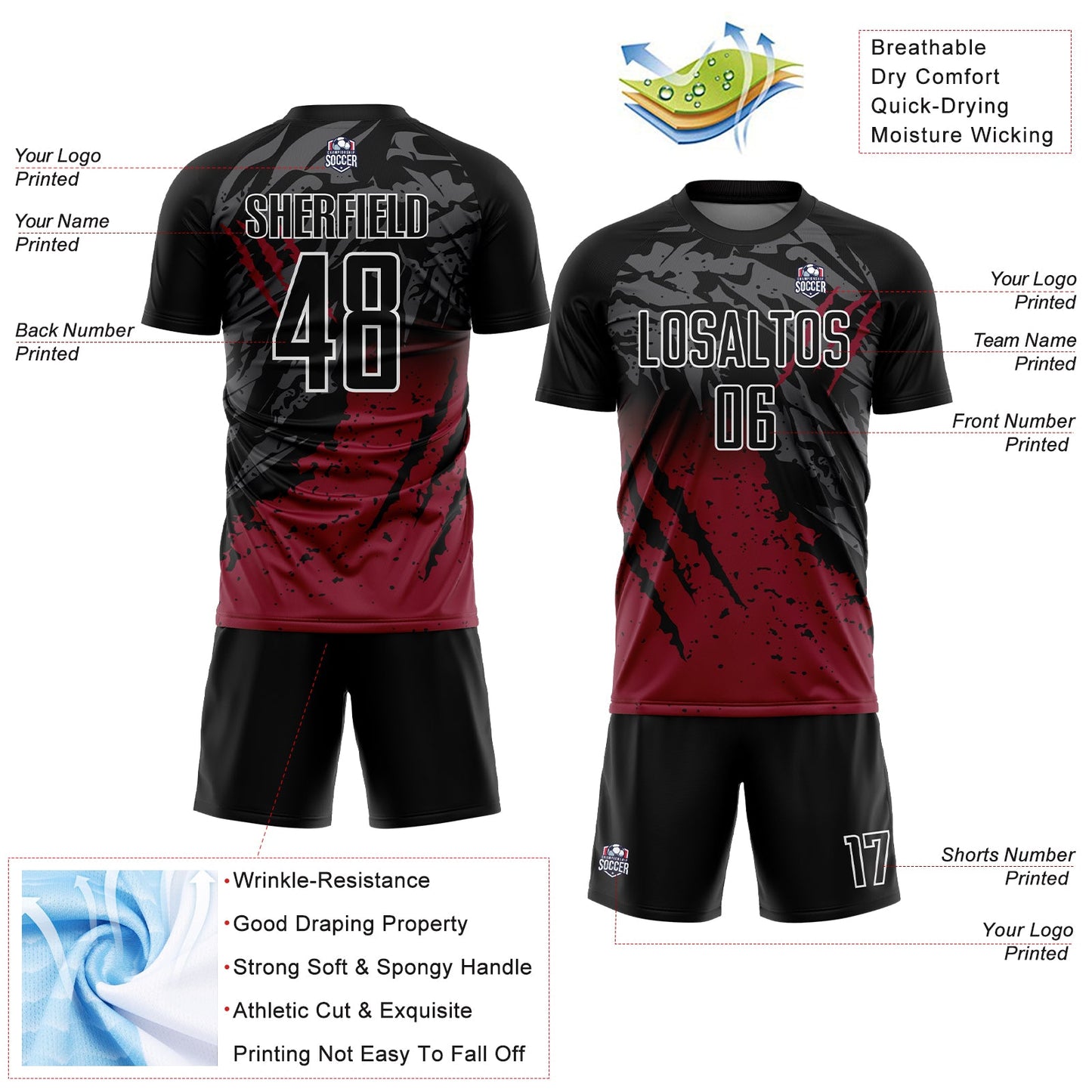 Custom Black Crimson-White Gradient Scratch Splash Sublimation Soccer Uniform Jersey
