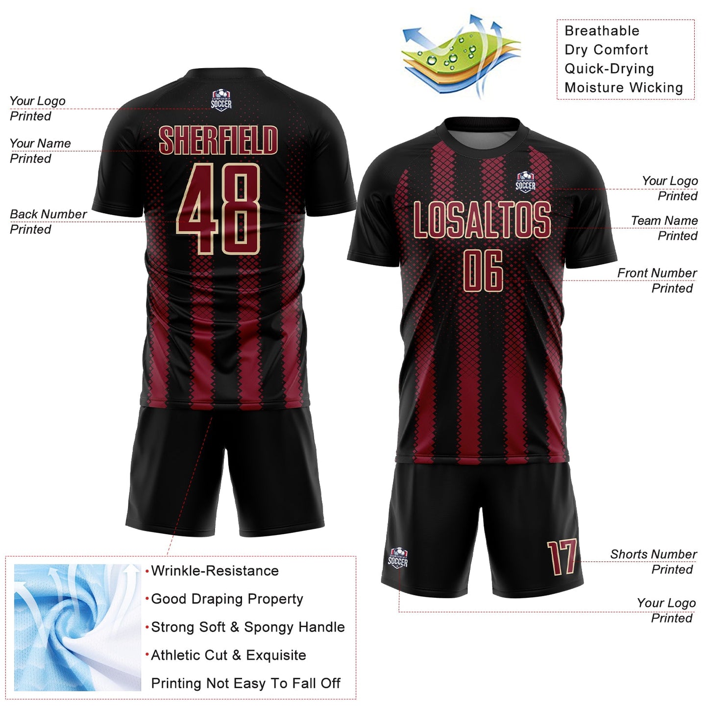 Custom Black Crimson-Cream Geometric Shape Sublimation Soccer Uniform Jersey