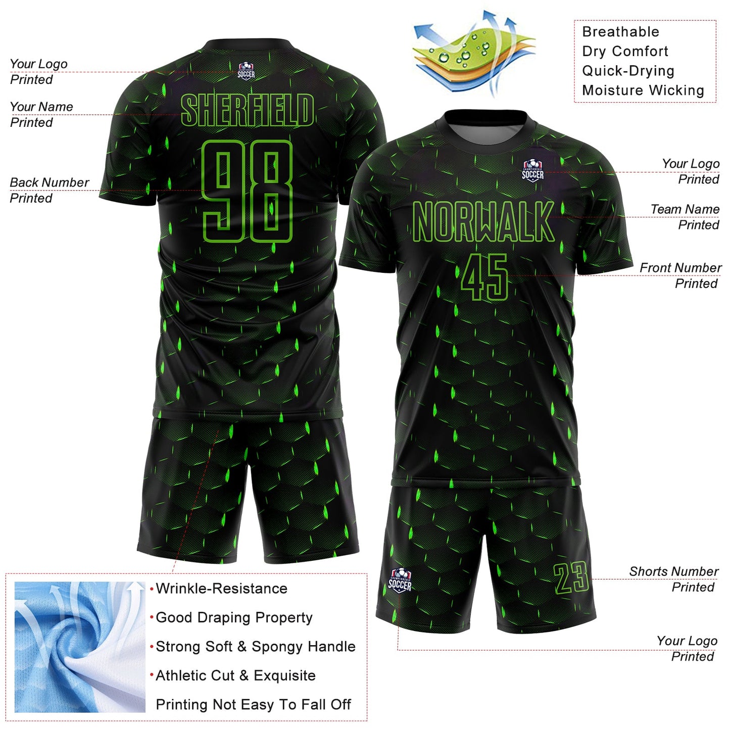 Custom Black Aurora Green Geometric Shape Sublimation Soccer Uniform Jersey