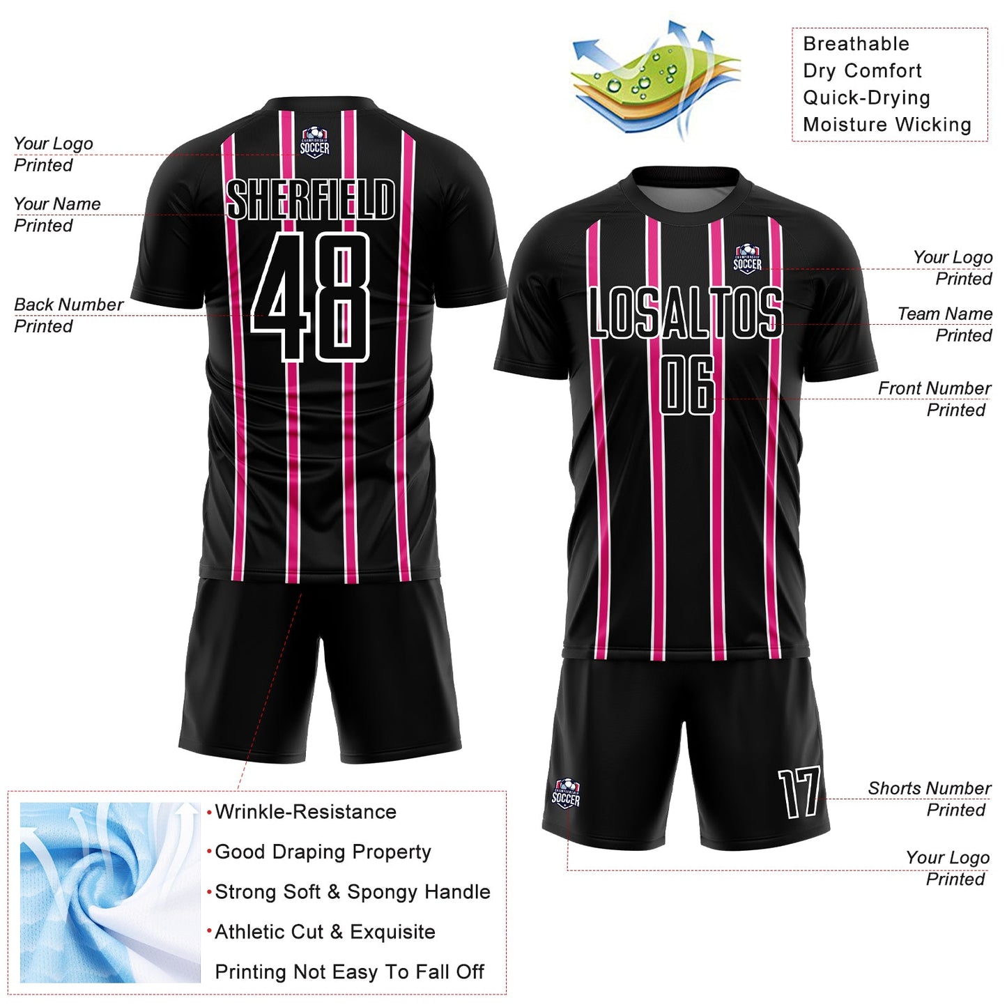 Custom Black Hot Pink-White Stripe Line Sublimation Soccer Uniform Jersey