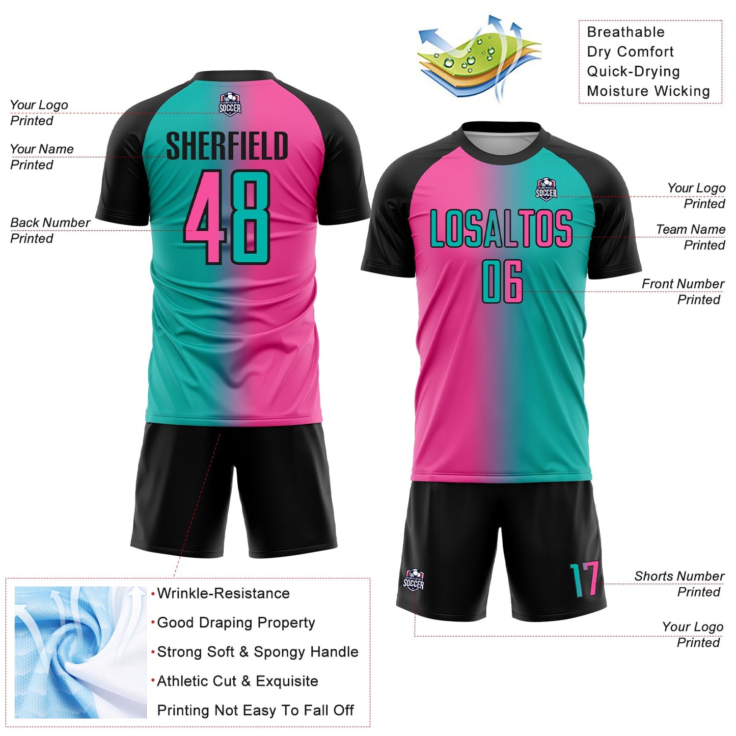 Custom Aqua Pink-Black Sublimation Gradient Fashion Soccer Uniform Jersey