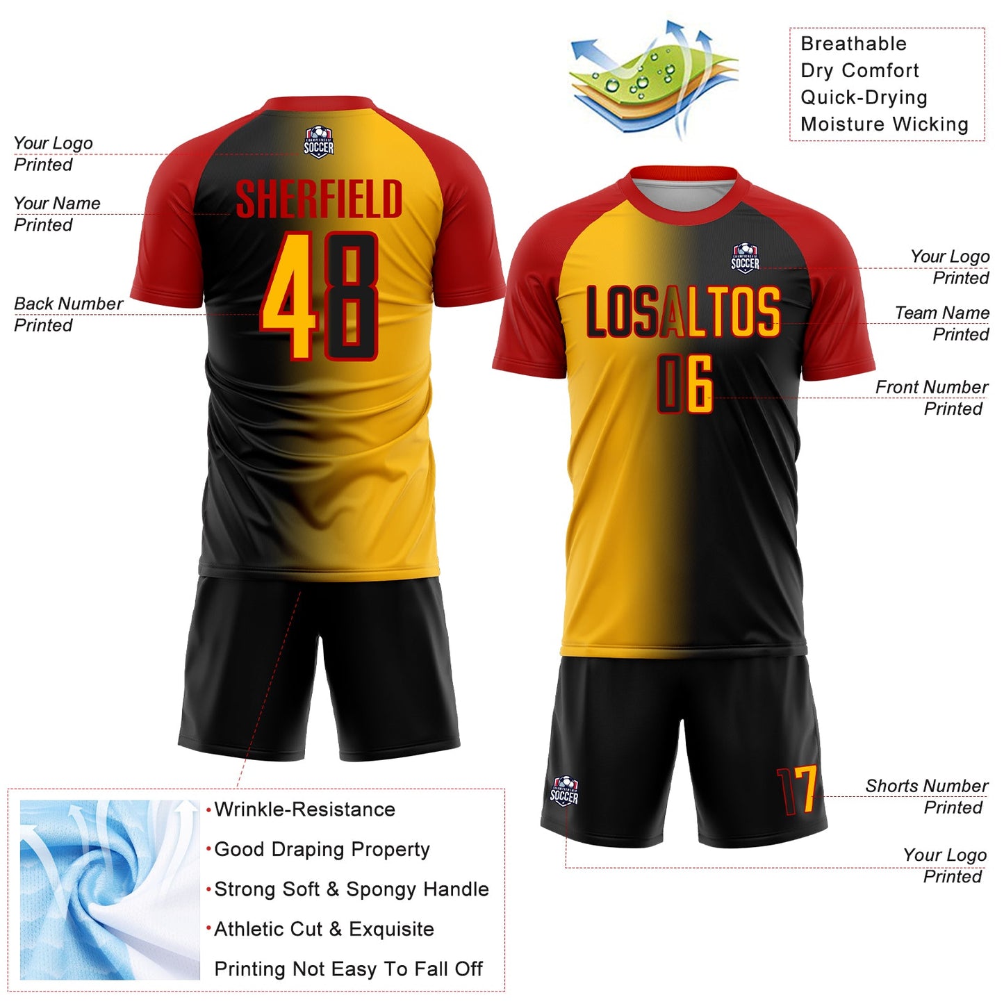 Custom Black Gold-Red Sublimation Gradient Fashion Soccer Uniform Jersey