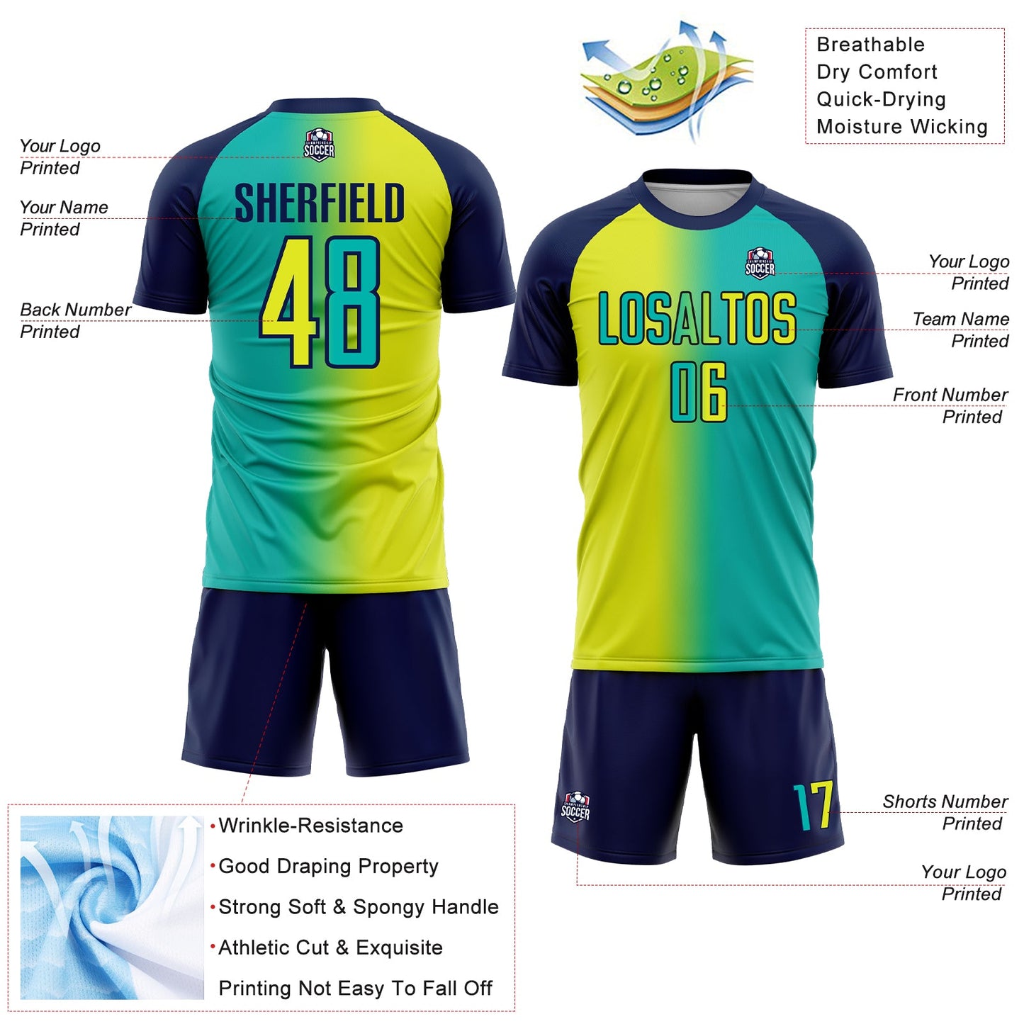 Custom Aqua Neon Yellow-Navy Sublimation Gradient Fashion Soccer Uniform Jersey