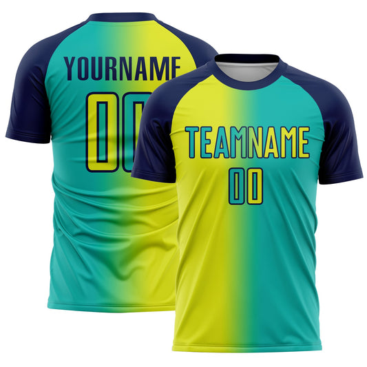 Custom Aqua Neon Yellow-Navy Sublimation Gradient Fashion Soccer Uniform Jersey